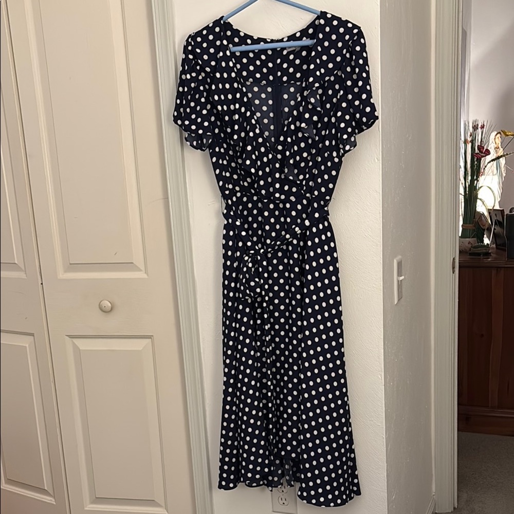 Blue and White Wrap Tie Front Midi Dress